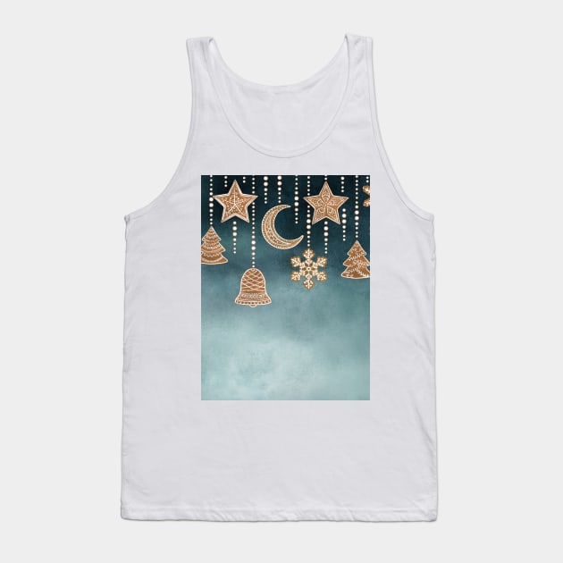 Gingerbread Christmas decorations seamless border. Ornate cookies star, moon, bell, snowflakes, Christmas tree watercolor illustration, Sweet winter décor Tank Top by likapix